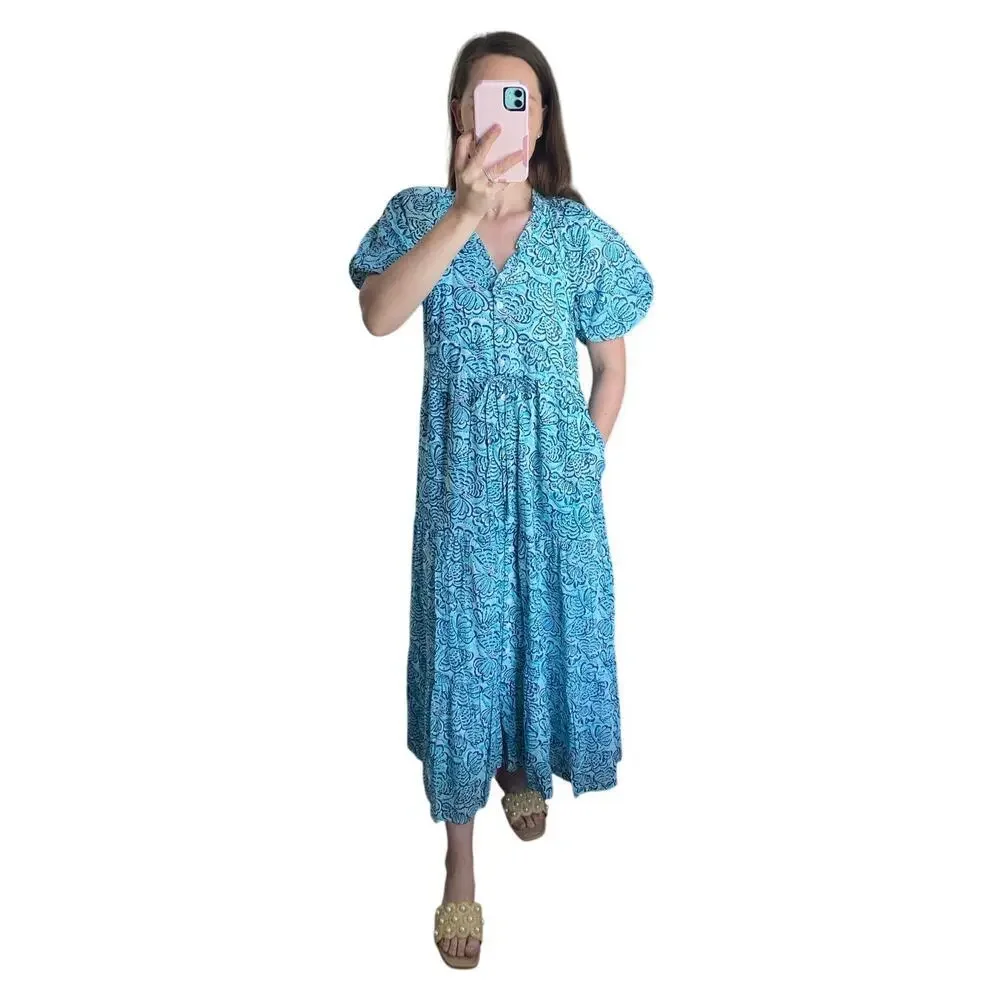 Banjanan Poppy Midi Dress Shell Aqua Puff Sleeve Cotton Button Tuckernuck - Picture 12 of 13